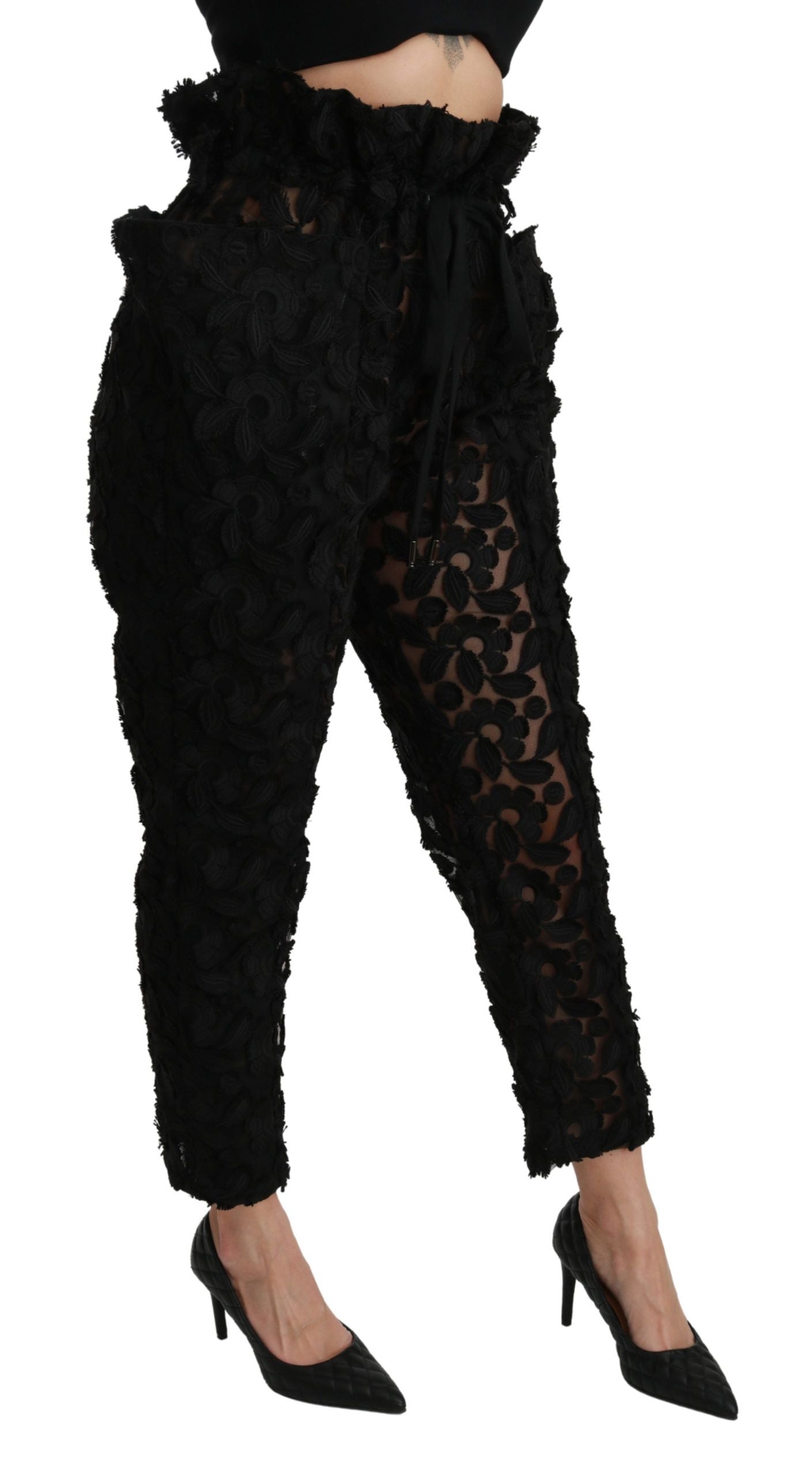 Dolce & Gabbana Black Floral Lace Tapered High Waist Pants