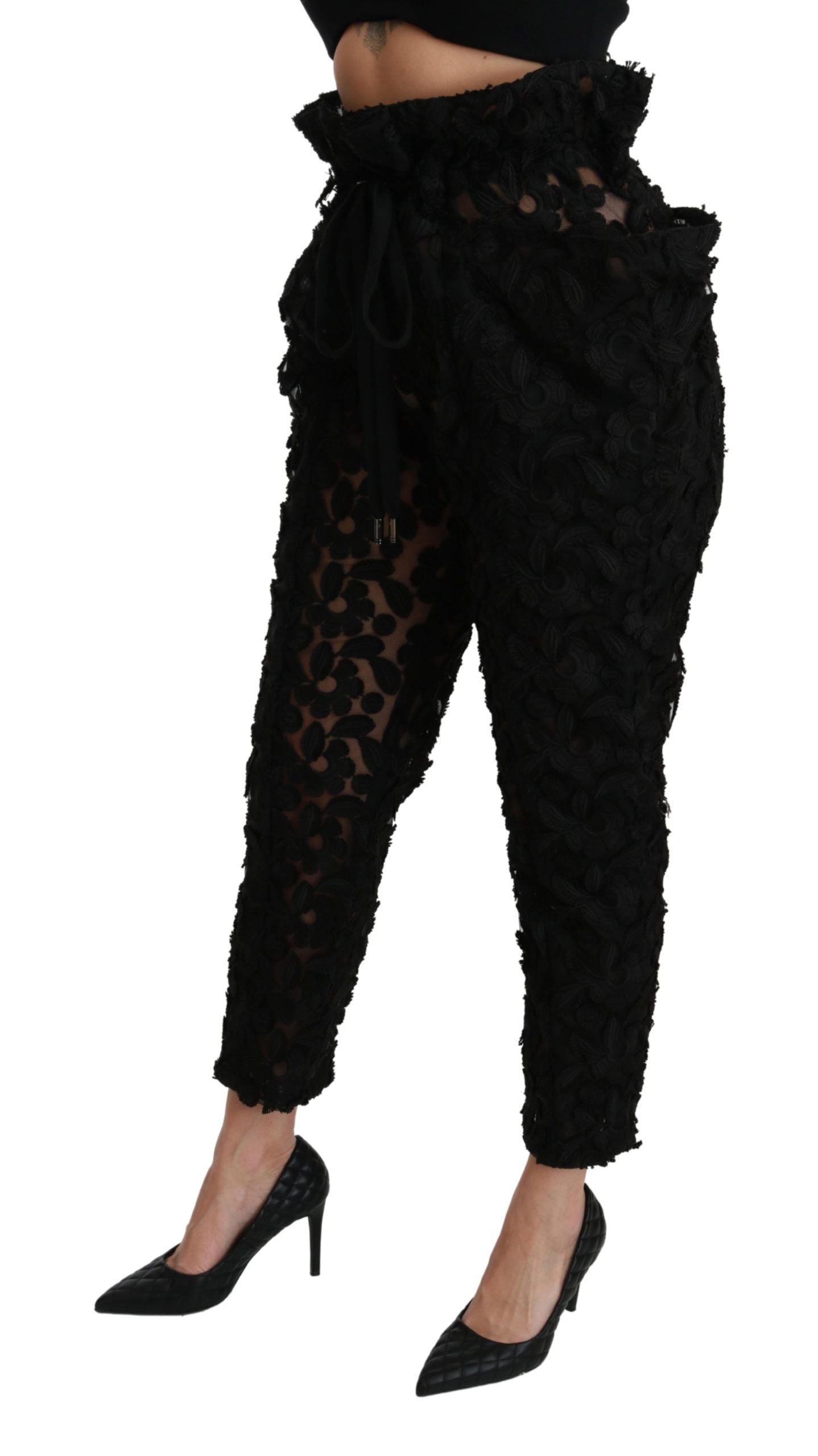 Dolce & Gabbana Black Floral Lace Tapered High Waist Pants