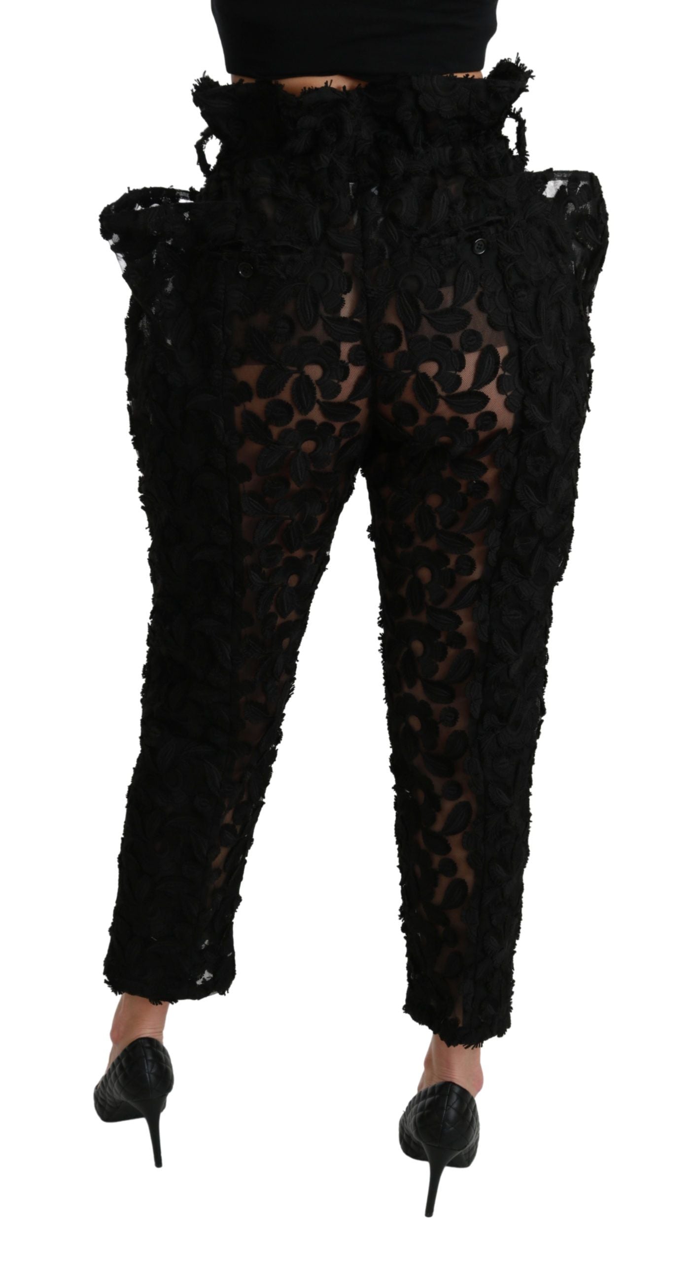 Dolce & Gabbana Black Floral Lace Tapered High Waist Pants