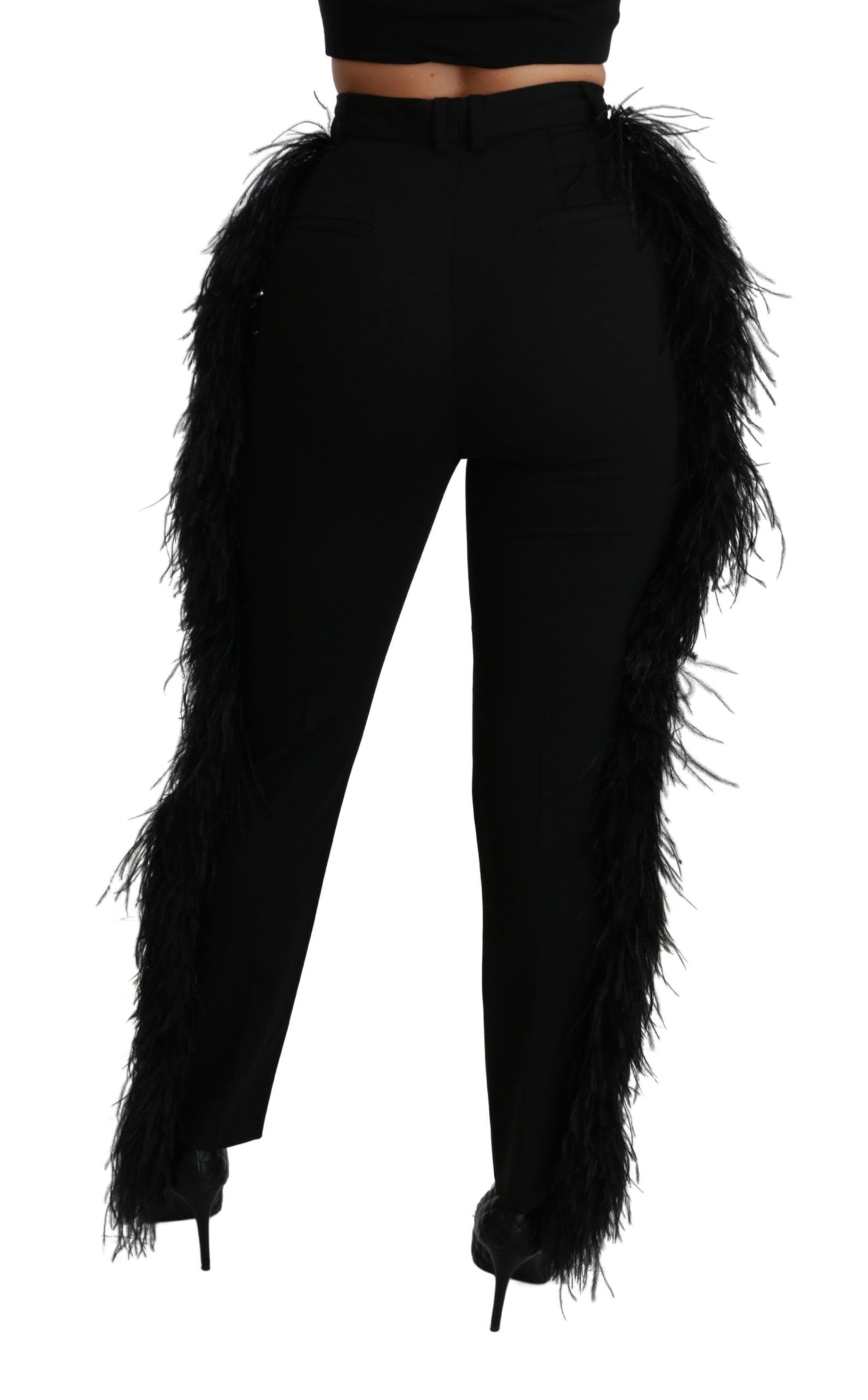 Dolce & Gabbana Black Feather Straight High Waist Wool Pants