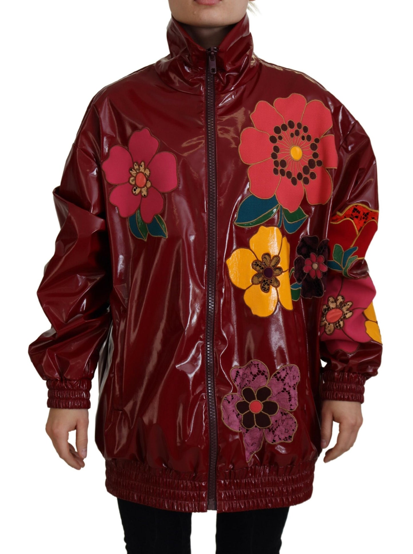 Dolce & Gabbana Maroon Floral Full Zip Polyester Women Jacket