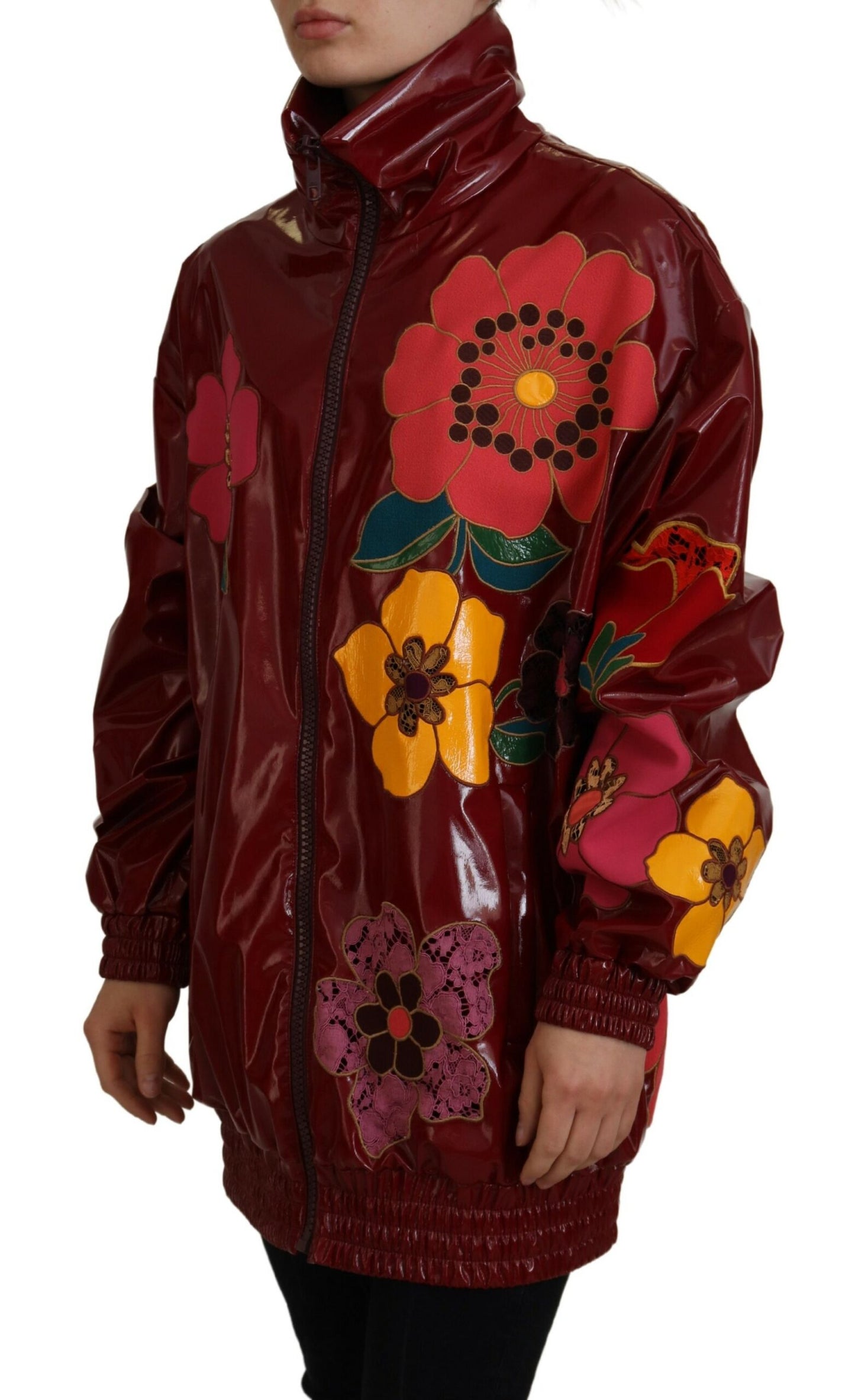 Dolce & Gabbana Maroon Floral Full Zip Polyester Women Jacket