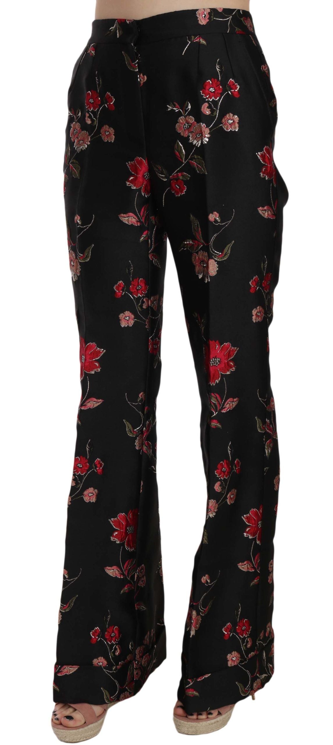 Dolce & Gabbana Floral Print Black Boot Cut Trouser Pants