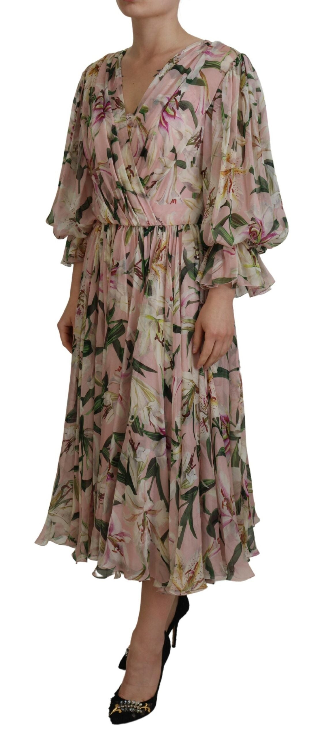 Dolce & Gabbana Pink Lily Print Silk A-line Pleated Maxi Dress