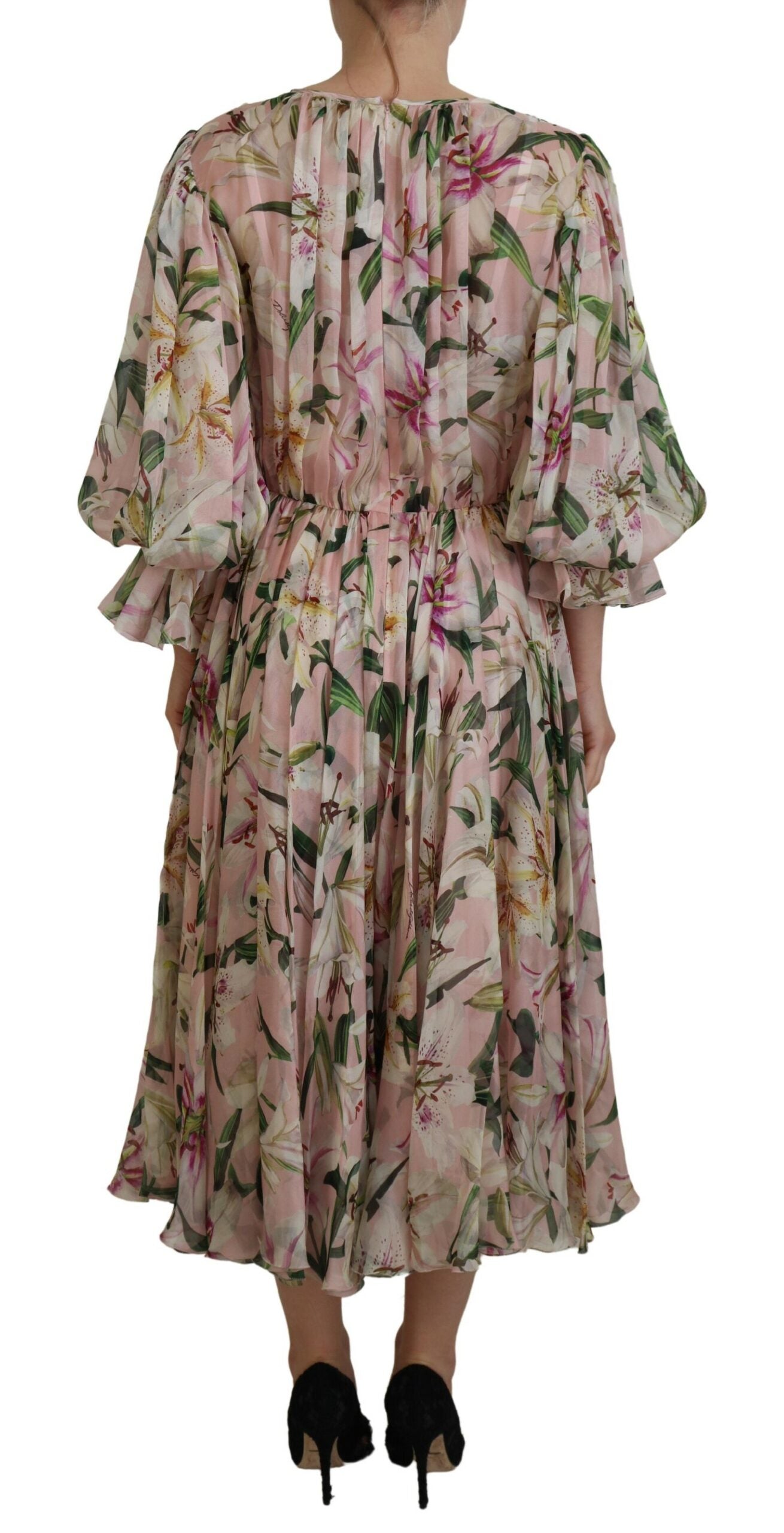 Dolce & Gabbana Pink Lily Print Silk A-line Pleated Maxi Dress