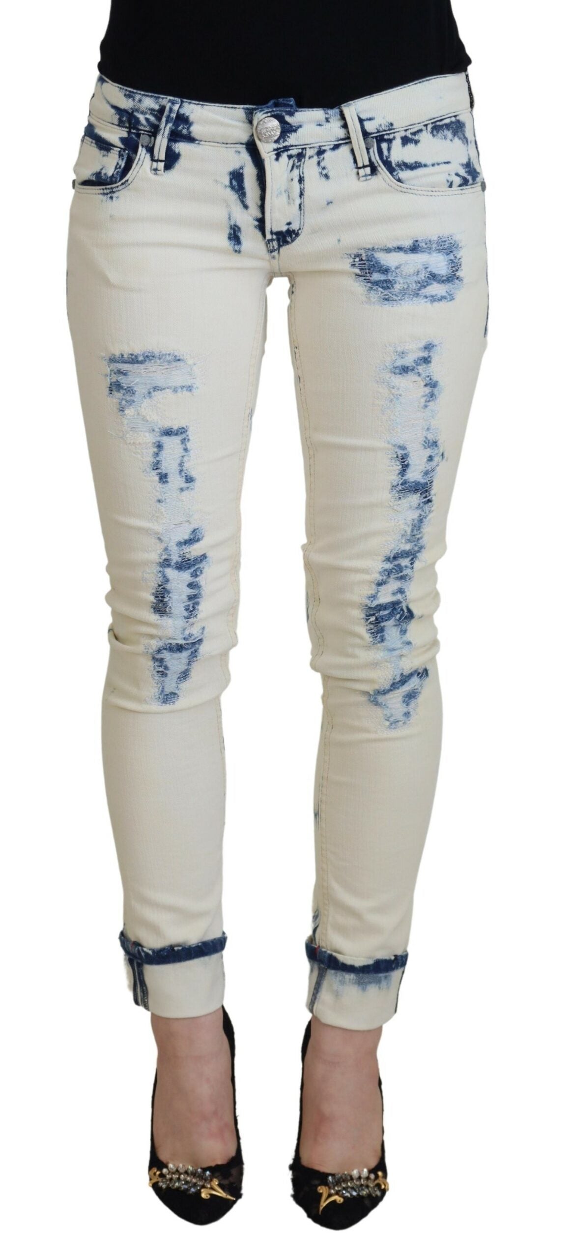 Acht White Blue Cotton Skinny Women Tattered Denim Jeans