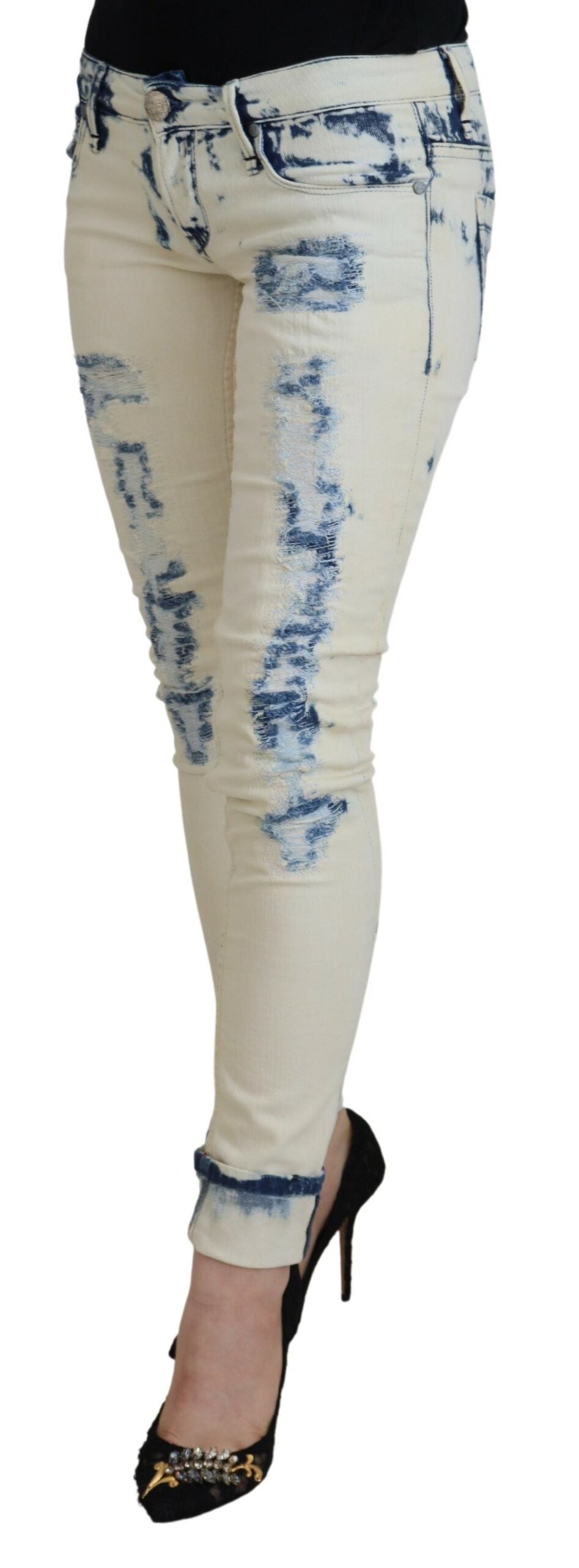 Acht White Blue Cotton Skinny Women Tattered Denim Jeans