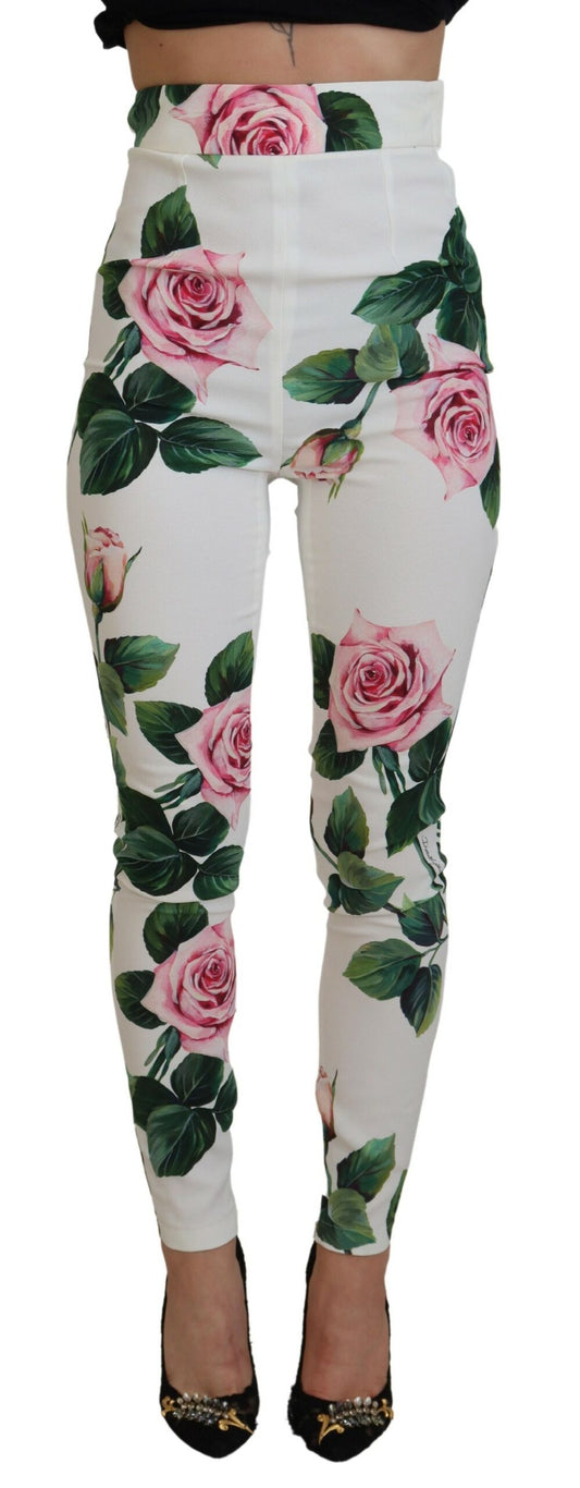 Dolce & Gabbana White Rose Print High Waist Pants