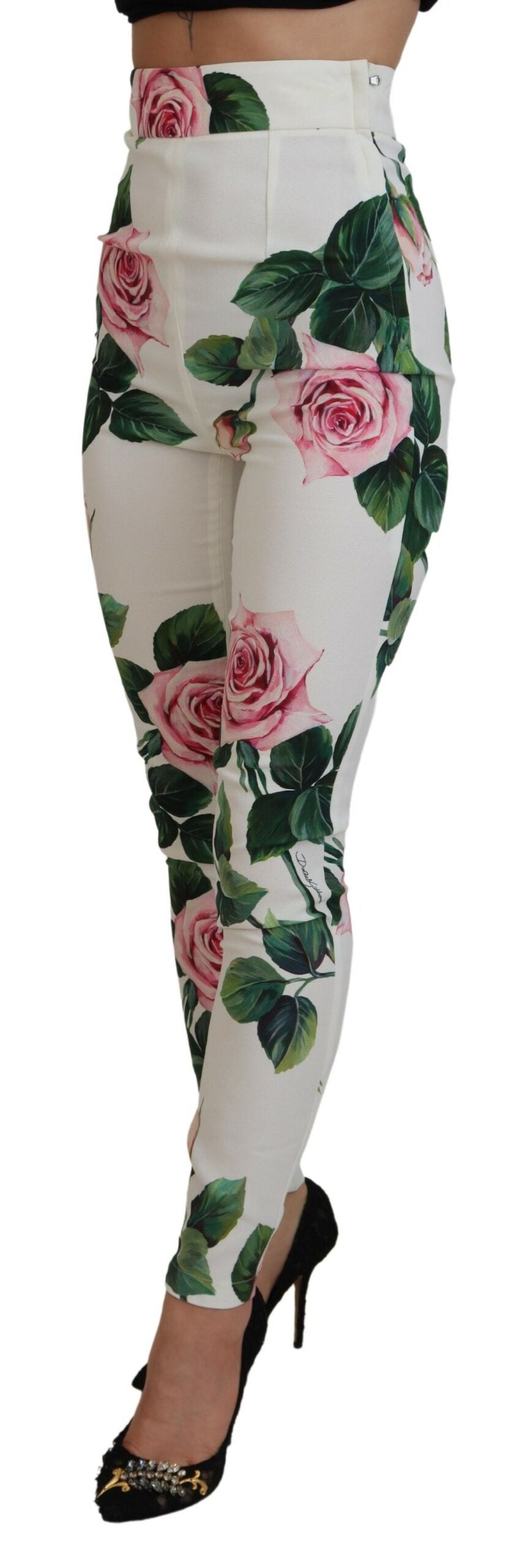 Dolce & Gabbana White Rose Print High Waist Pants