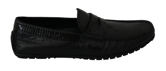 Dolce & Gabbana Black Lizard Leather Flat Loafers Shoes