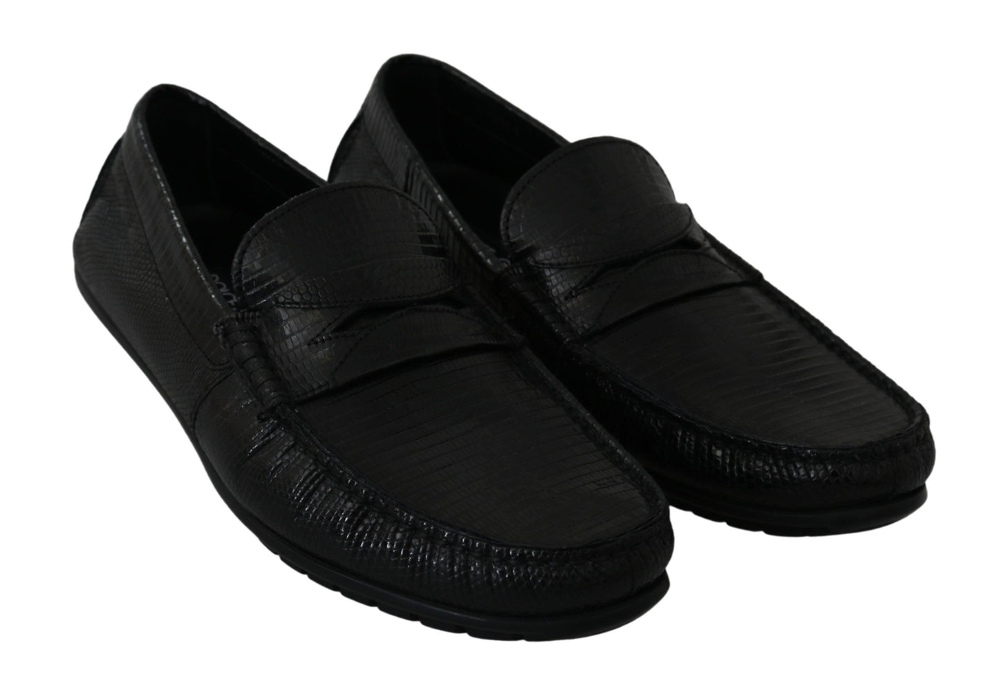 Dolce & Gabbana Black Lizard Leather Flat Loafers Shoes