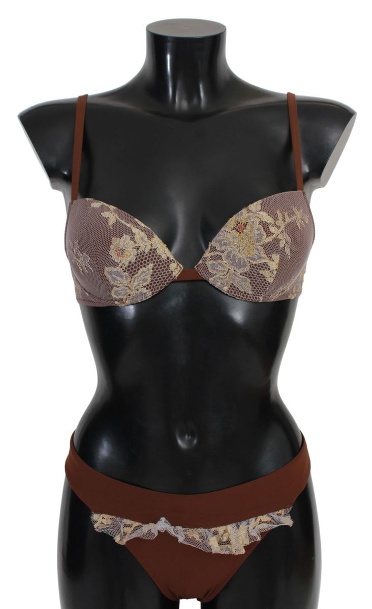 PINK MEMORIES Brown Lace Beachwear Two Piece Bikini Swimsuit