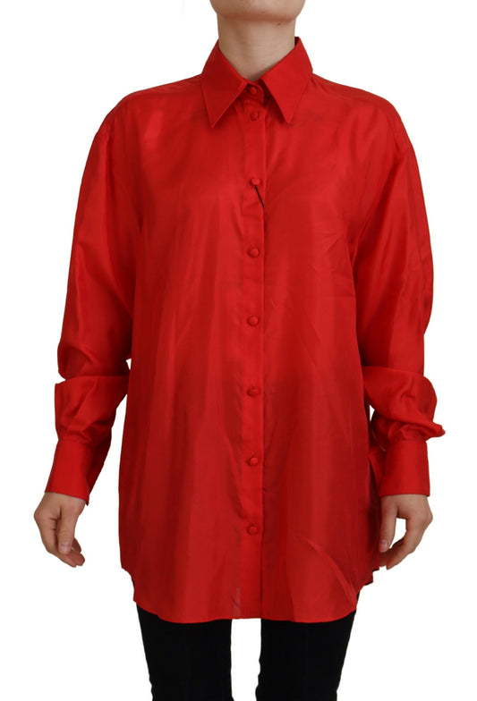 Dolce & Gabbana Red Silk Collared Long Sleeves Dress Shirt Top