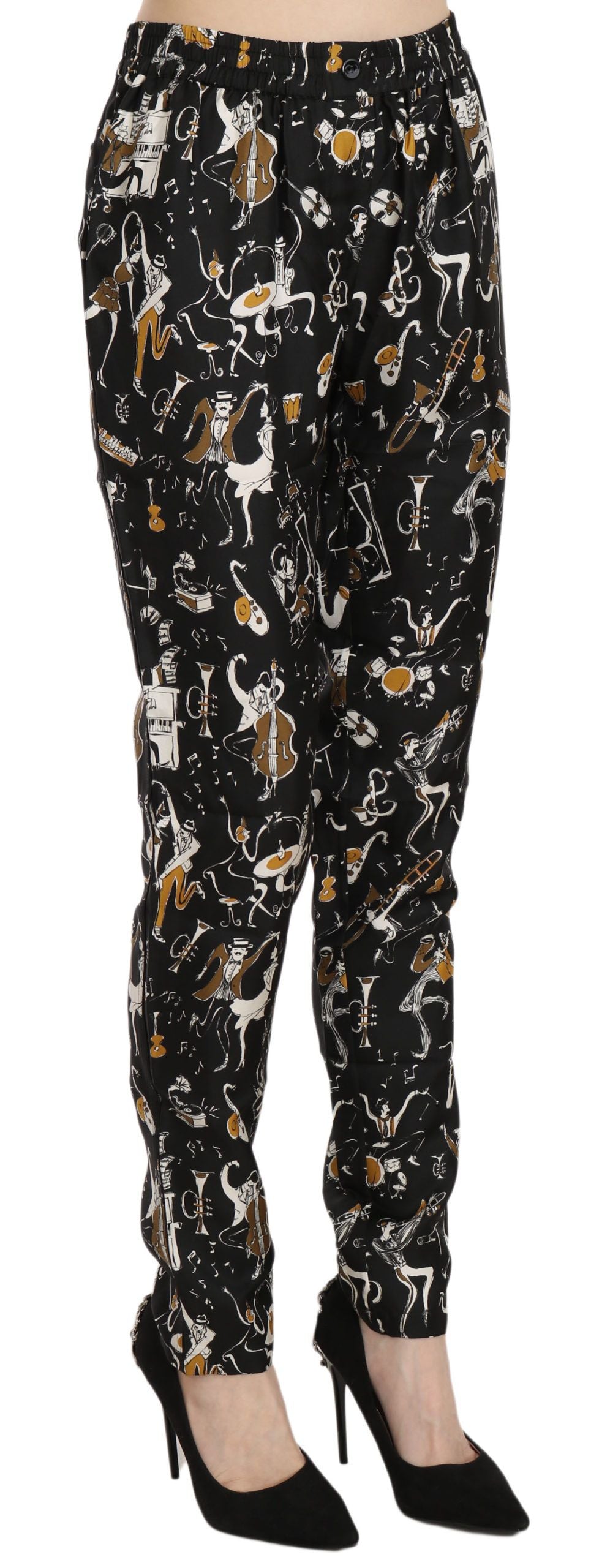 Dolce & Gabbana Black Jazz Club Print High Waist Tapered Pants