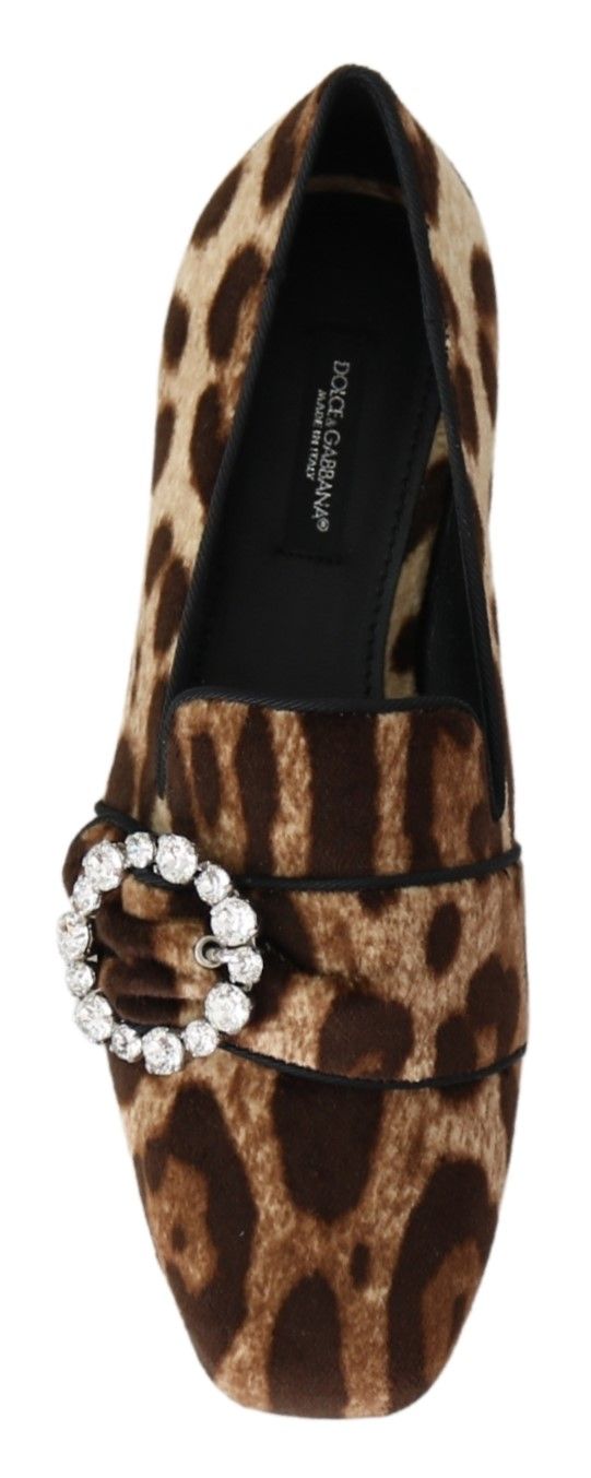 Dolce & Gabbana Brown Leopard Print Crystals Loafers Flats Shoes