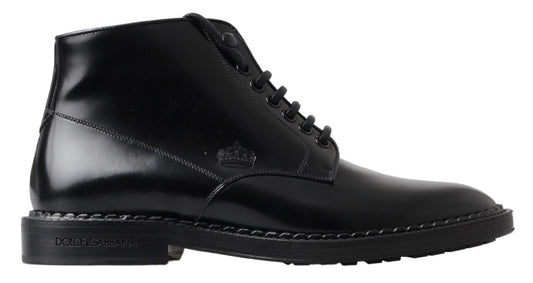 Dolce & Gabbana Black Leather Men Short Boots Lace Up Shoes