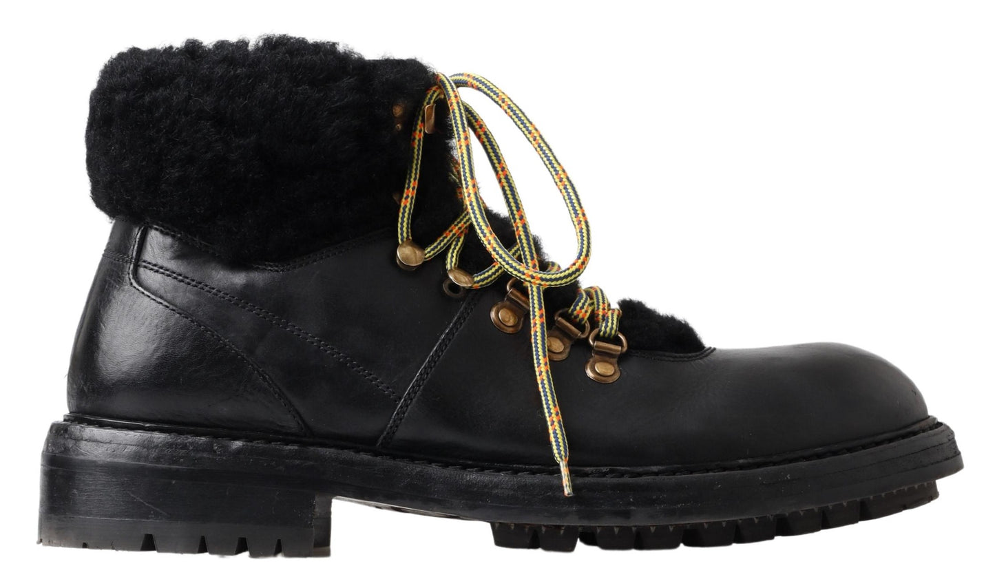 Dolce & Gabbana Black Leather Bernini Shearling Boots Shoes