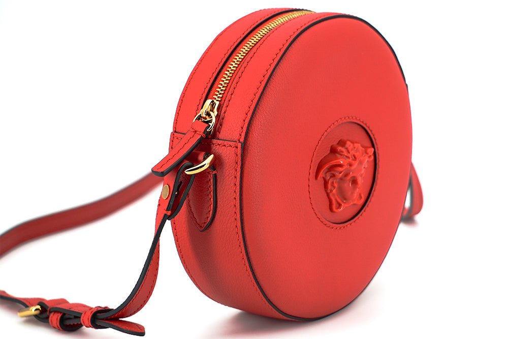 Versace Red Calf Leather Round Disc Shoulder Bag