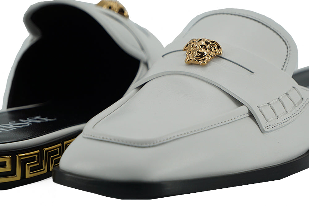 Versace White Calf Leather Slides Flat Shoes