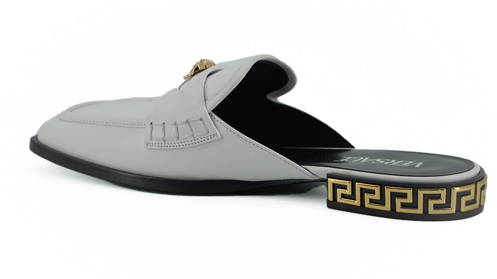 Versace White Calf Leather Slides Flat Shoes