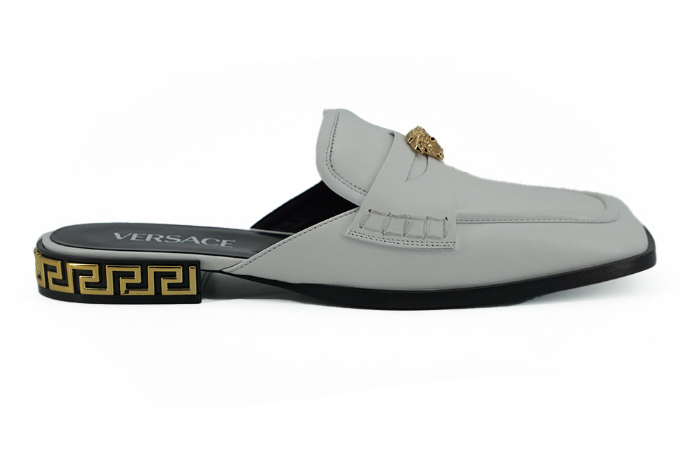 Versace White Calf Leather Slides Flat Shoes