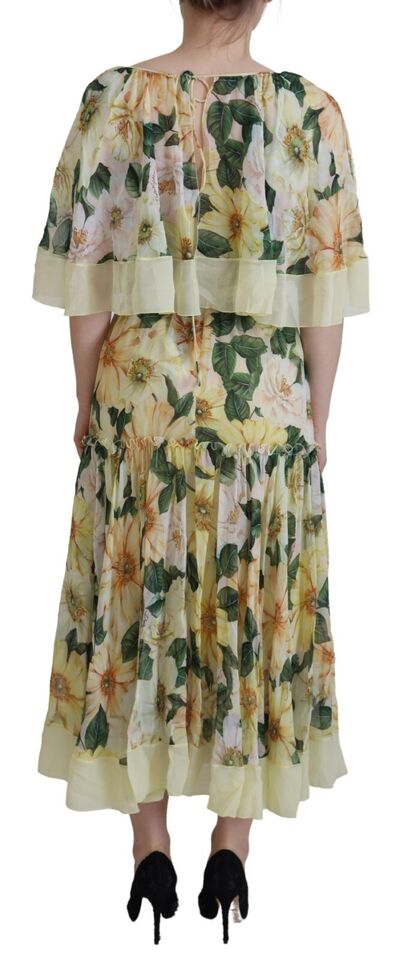 Dolce & Gabbana Yellow Floral Print Pleated Maxi Silk Dress