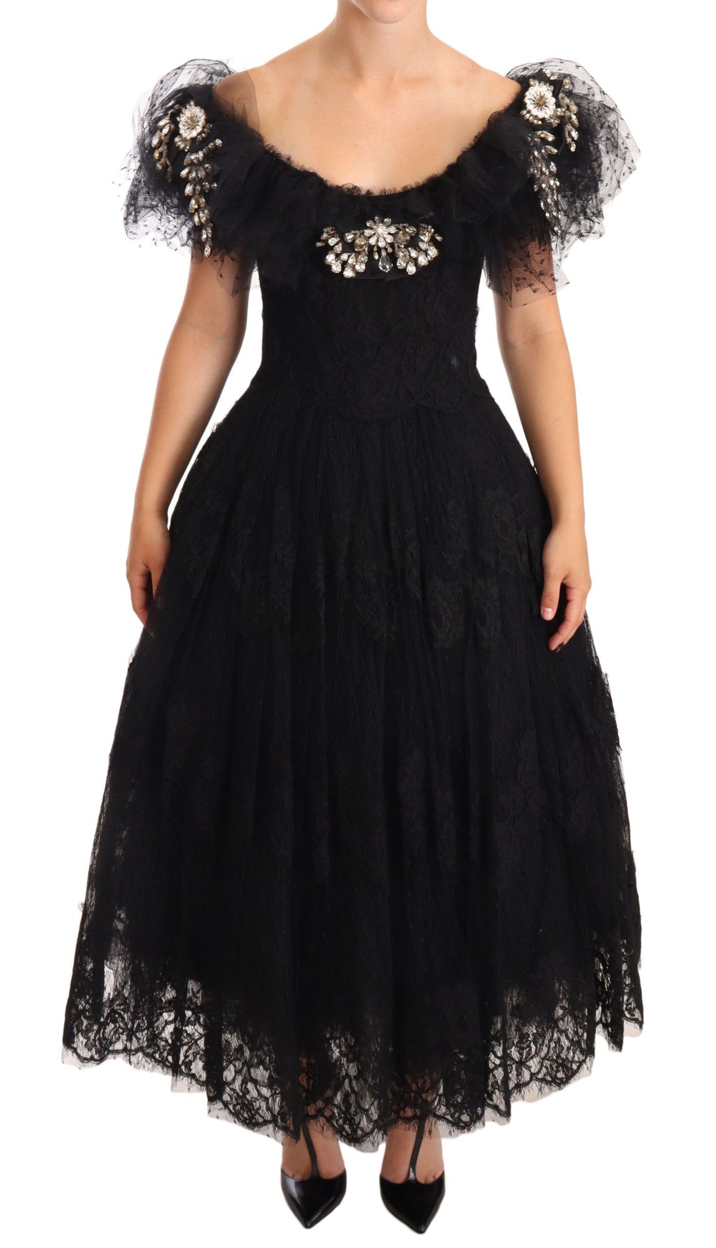 Dolce & Gabbana Black Floral Lace Crystal Ball Gown Dress