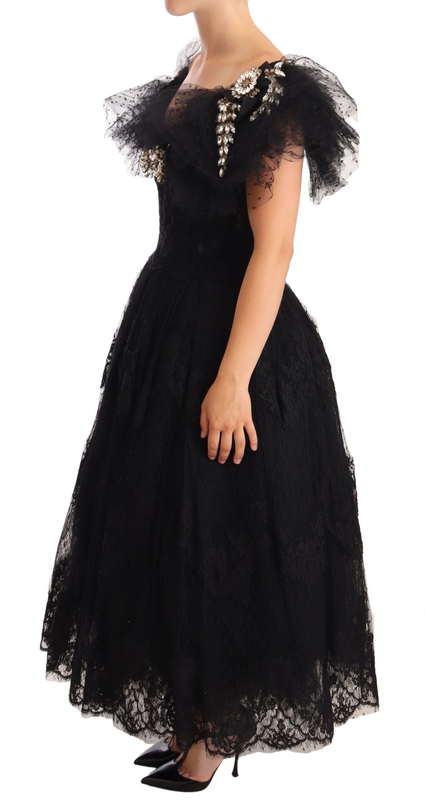 Dolce & Gabbana Black Floral Lace Crystal Ball Gown Dress