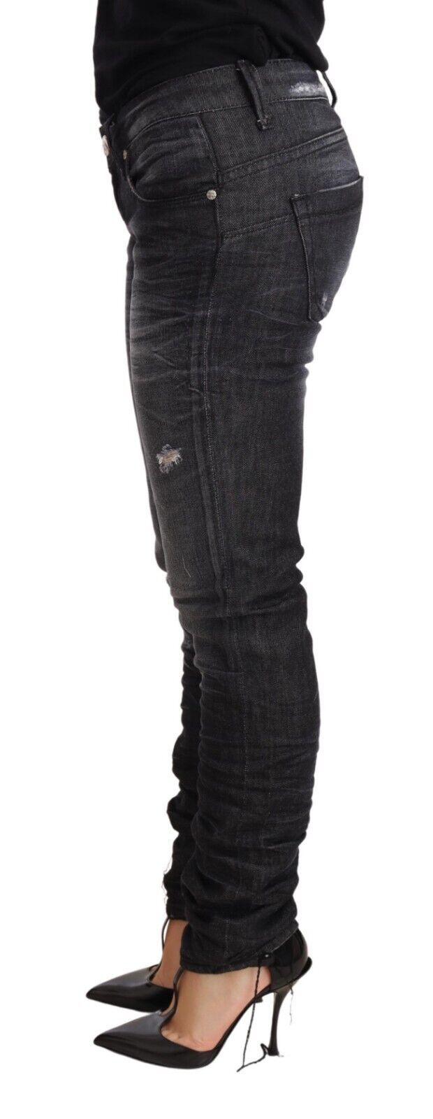 Acht Black Washed Cotton Low Waist Skinny Denim Trouser Jeans