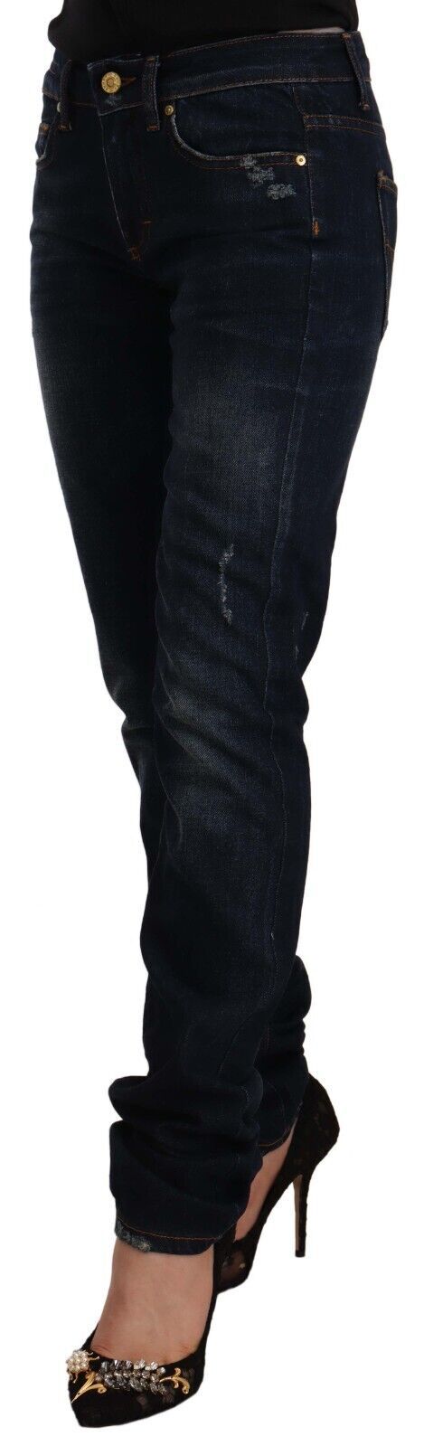 GF Ferre Dark Blue Washed Mid Waist Cotton Denim Skinny Jeans