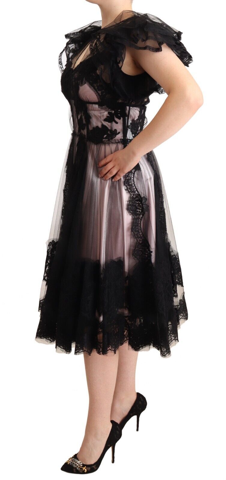 Dolce & Gabbana Black Pink Floral Lace A-line Midi Sheer Dress