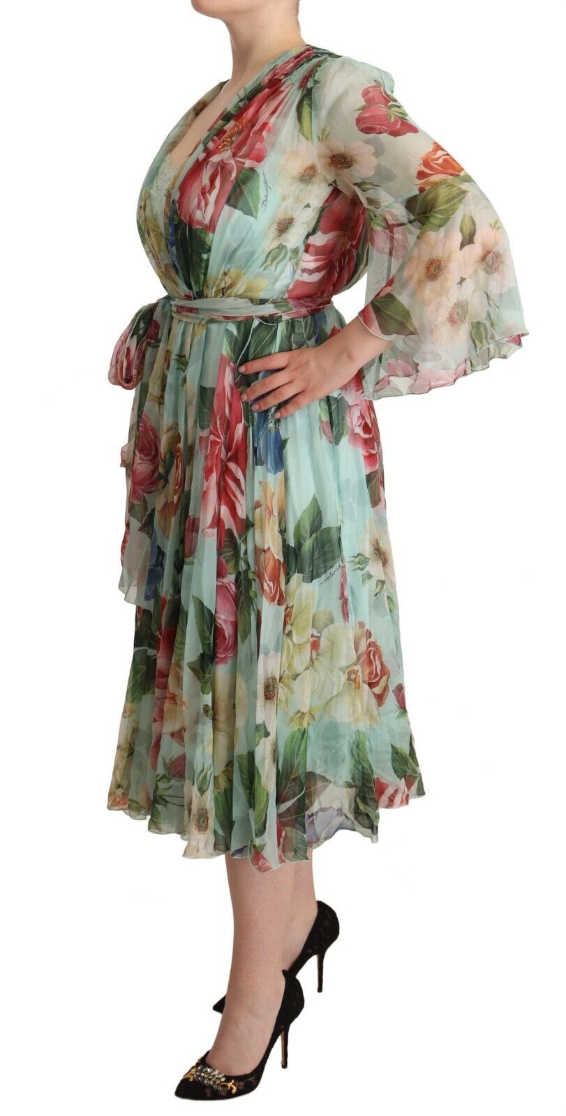 Dolce & Gabbana Green Floral Long Sleeves V-neck Midi Dress