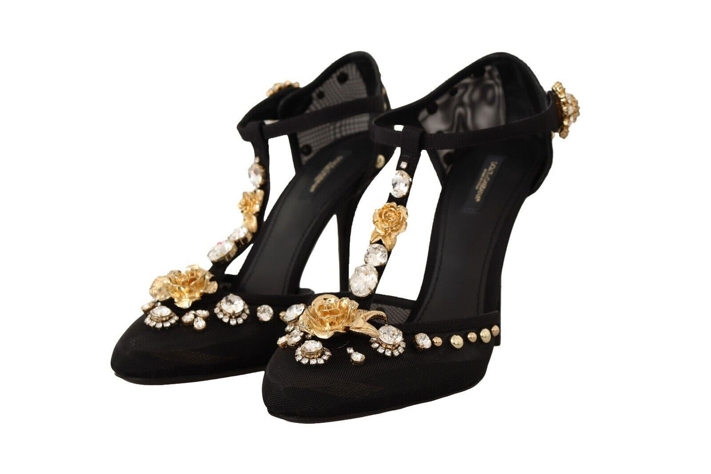 Dolce & Gabbana Black Mesh Crystals T-strap Heels Pumps Shoes