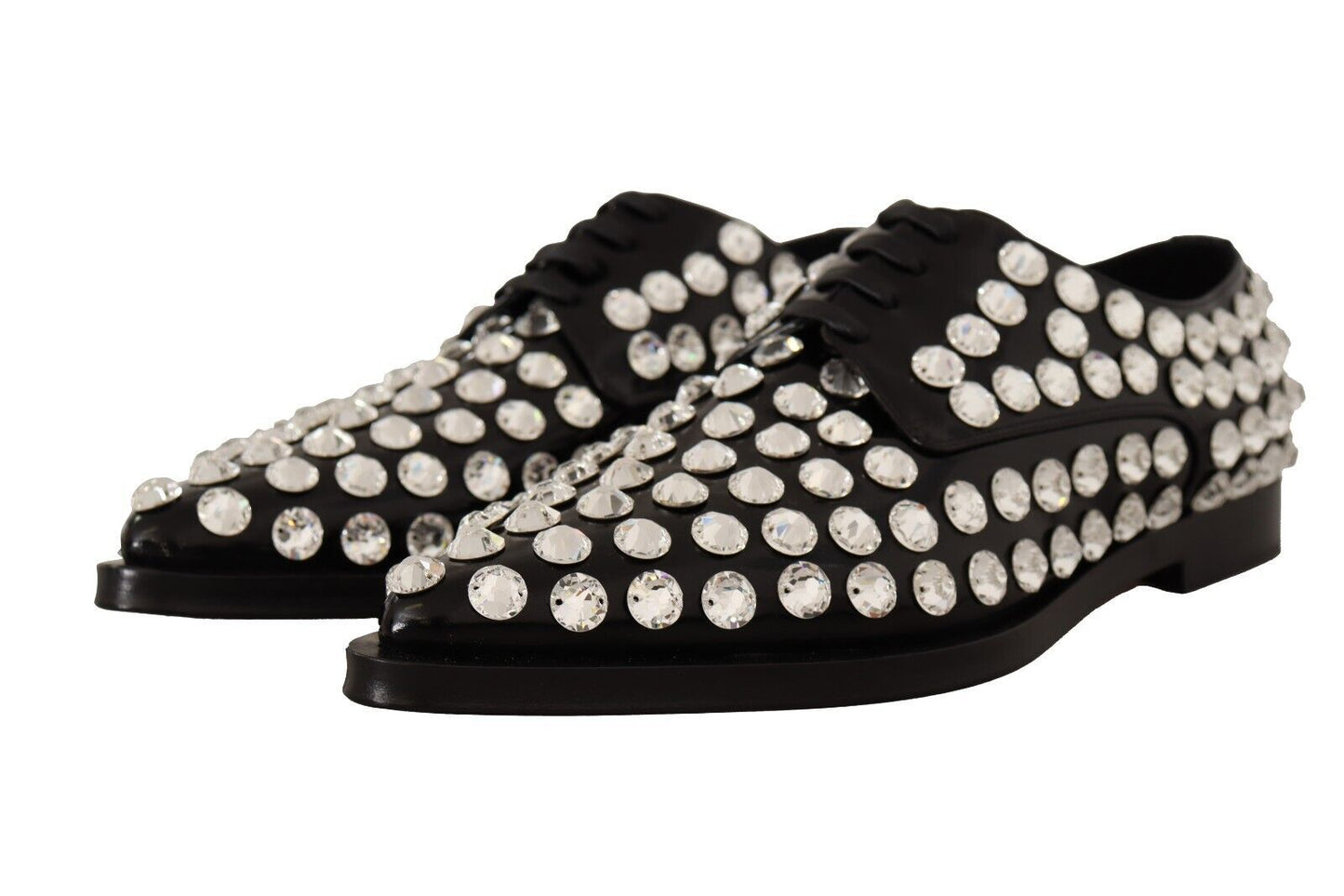 Dolce & Gabbana Black Leather Crystals Lace Up Formal Shoes