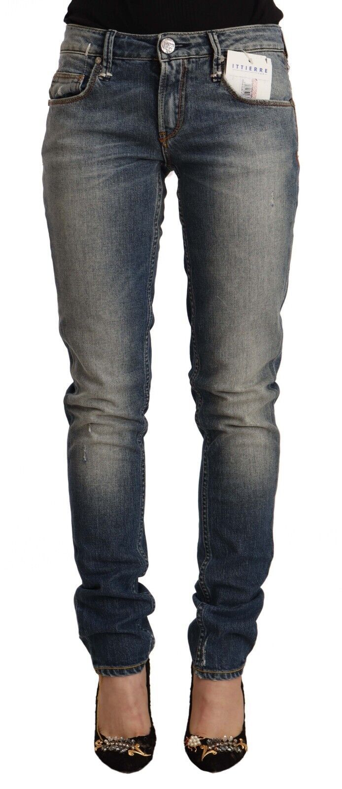 Acht Blue Washed Cotton Mid Waist Skinny Denim Jeans