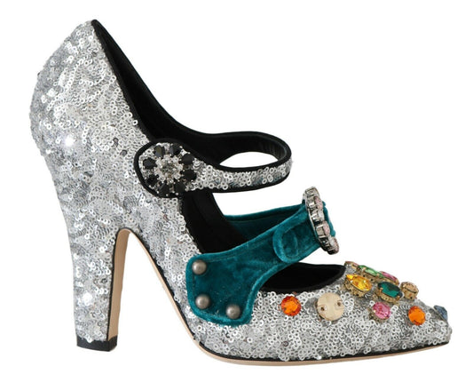 Dolce & Gabbana Silver Sequined Crystal Mary Janes Pumps