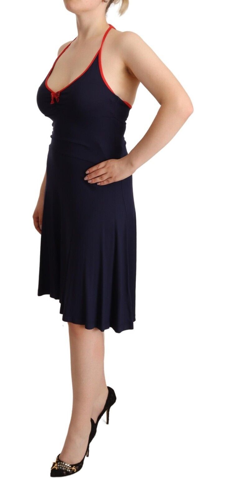 Roccobarocco Navy Blue Sleeveless Halter Sheath Midi Dress