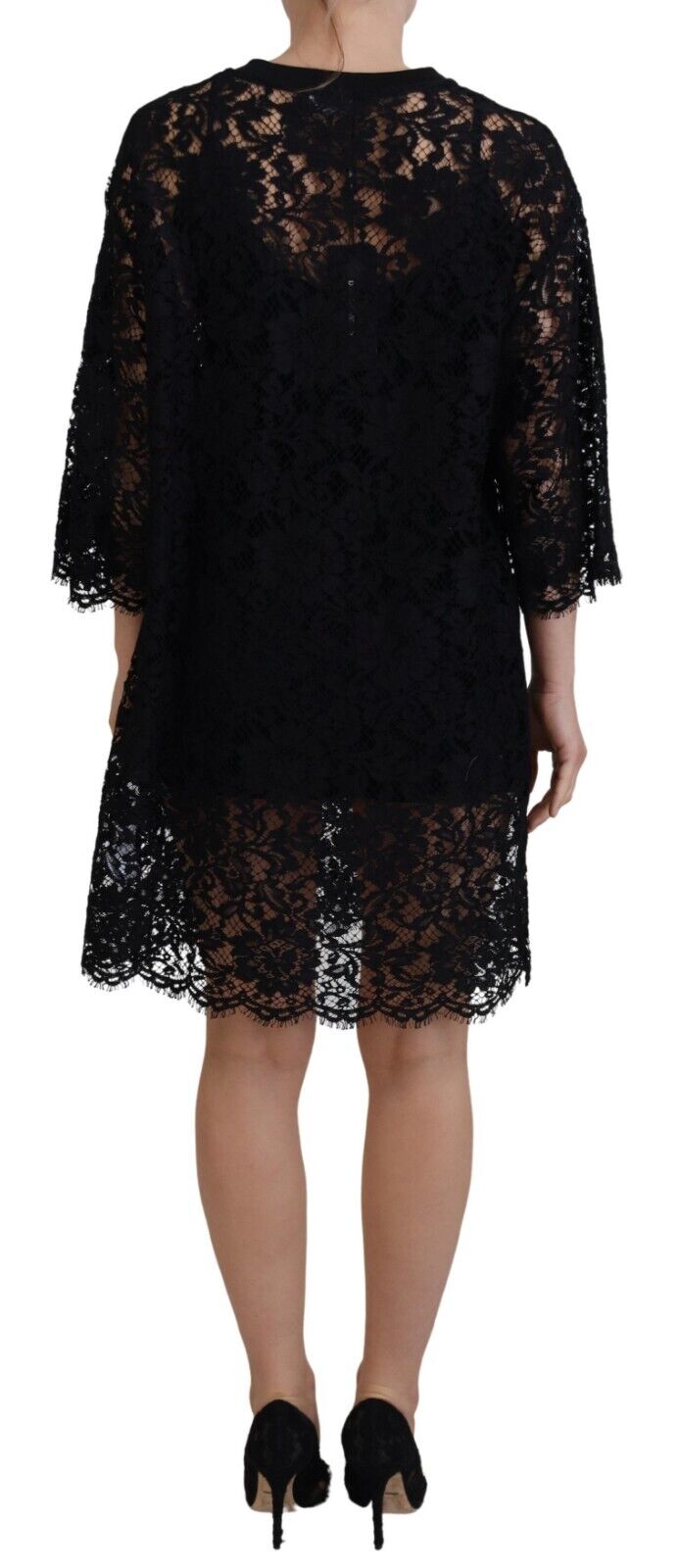 Dolce & Gabbana Black Floral Lace Cotton Shift Mini Dress