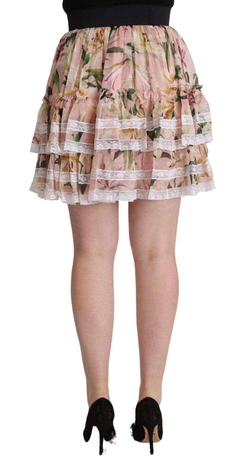 Dolce & Gabbana Pink Lily Print Silk Mini Tiered A-line Skirt