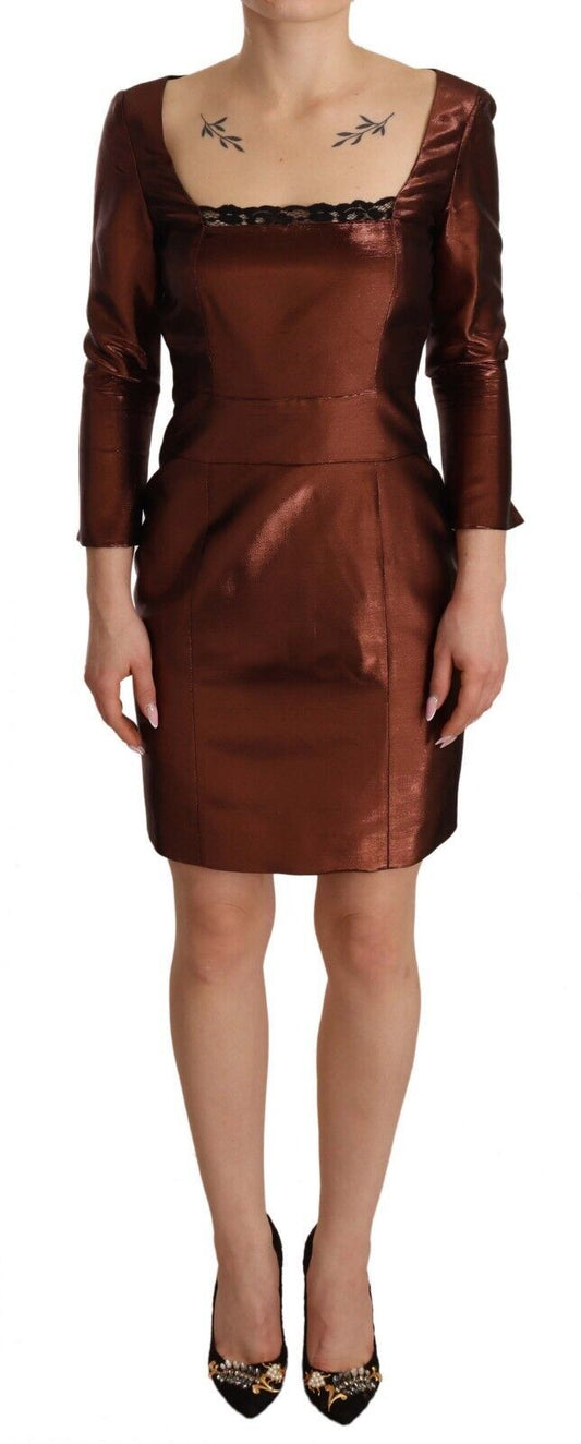 GF Ferre Metallic Brown Long Sleeves Square Neck Sheath Dress