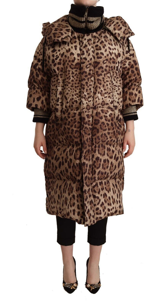 Dolce & Gabbana Brown Long Leopard Print Quilted Down Jacket