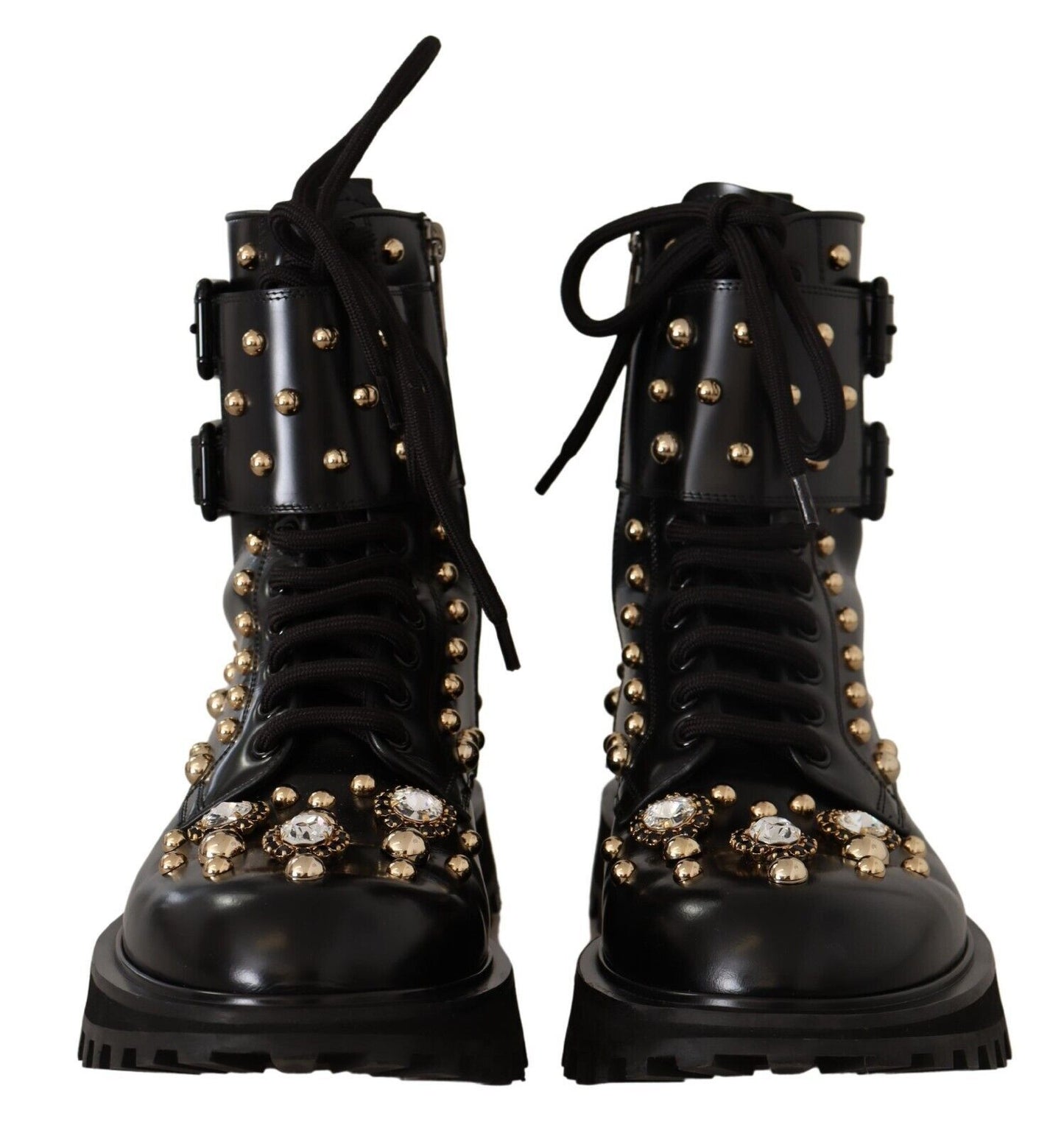 Dolce & Gabbana Black Leather Crystal Embellished Boots Shoes