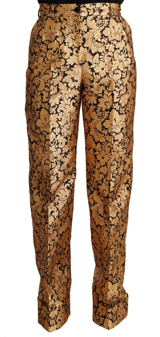 Dolce & Gabbana Gold Floral Jacquard Straight Polyester Pants