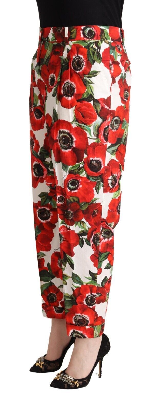 Dolce & Gabbana White Red Anemone Cotton Trouser Tapered Pants