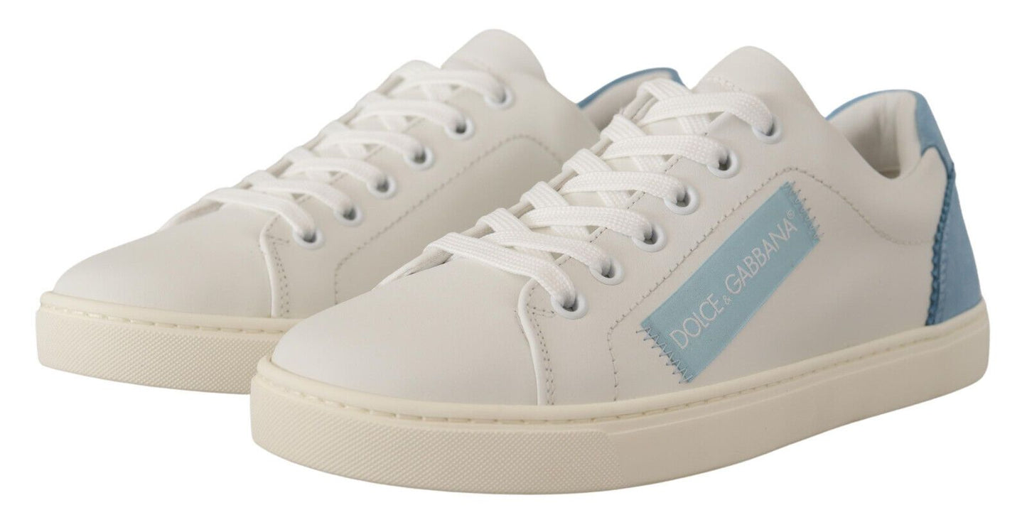 Dolce & Gabbana White Blue Leather Low Top Sneakers Shoes