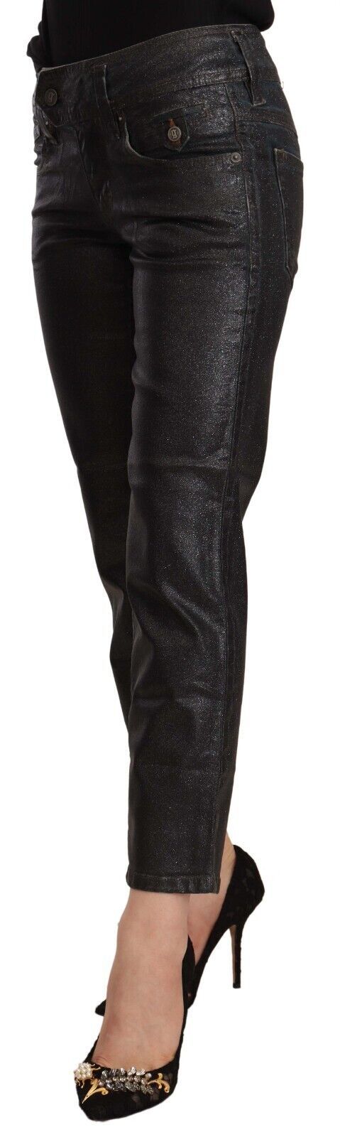 John Galliano Black Glittered Mid Waist Cotton Cropped Pants