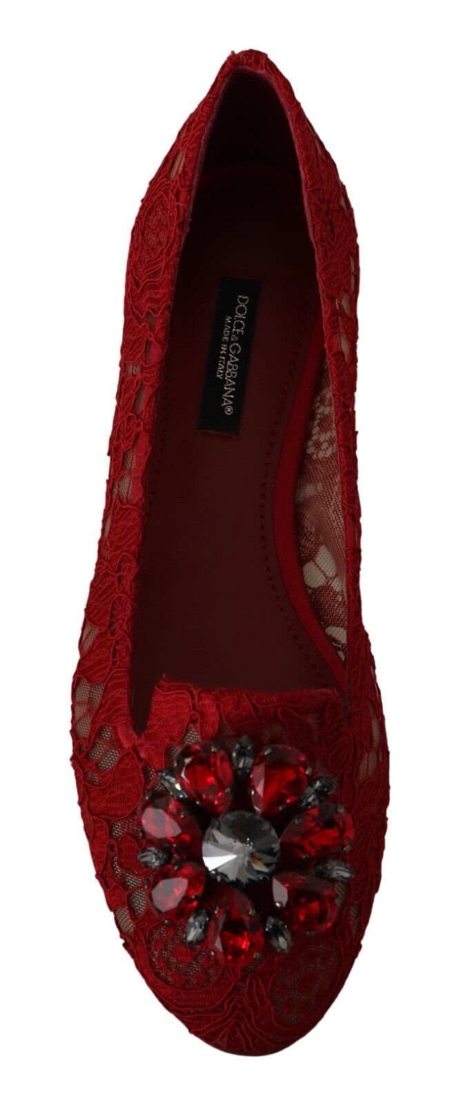 Dolce & Gabbana Red Lace Crystal Ballet Flats Loafers Shoes