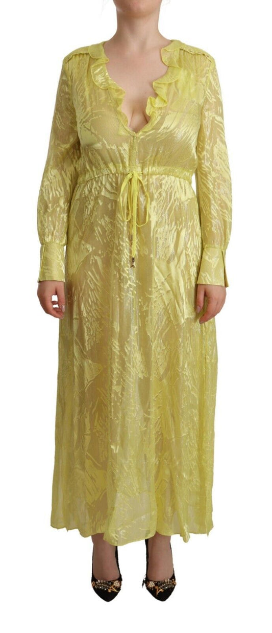 Patrizia Pepe Yellow Silk Long Sleeves Plunging Maxi Dress