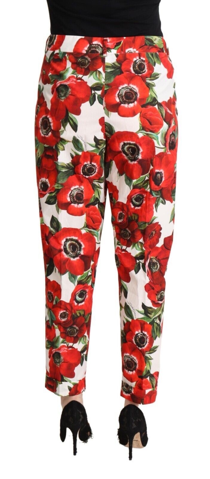 Dolce & Gabbana White Red Anemone Cotton Trouser Tapered Pants