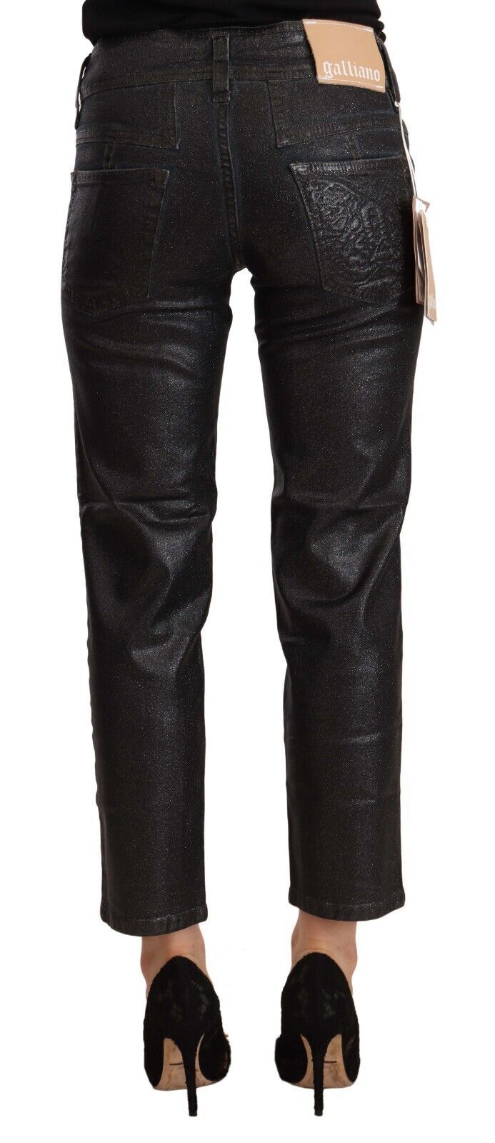 John Galliano Black Glittered Mid Waist Cotton Cropped Pants